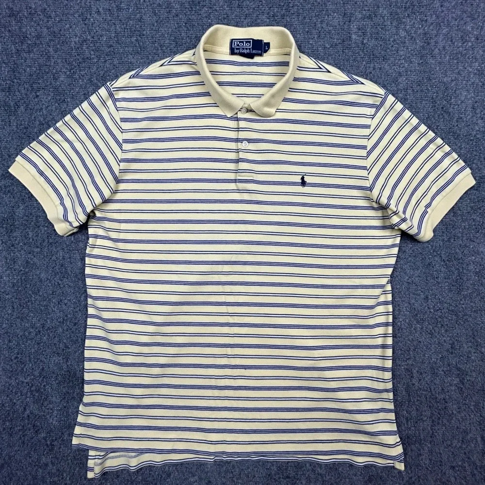 Polo Ralph Lauren Polo Shirt Mens L Yellow Blue Striped Preppy Golf Short Sleeve